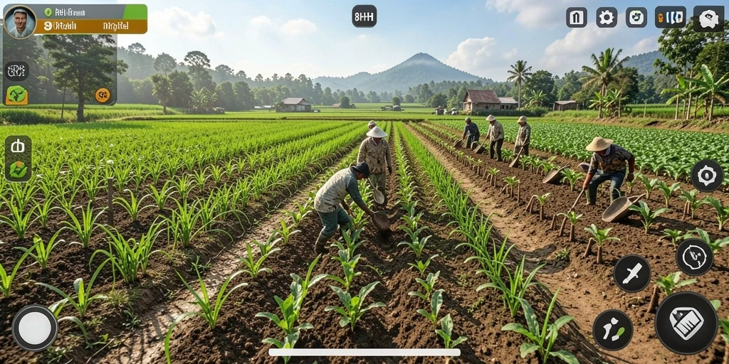 Tampilan ladang dalam gameplay 8HHH dengan tanaman hijau subur.
