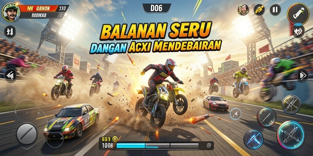 Gameplay D06 yang mendebarkan dengan mobil balap yang cepat.