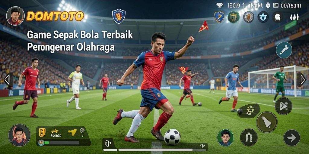 Screenshot gameplay DOMTOTO menampilkan aksi menyerang di lapangan sepak bola.