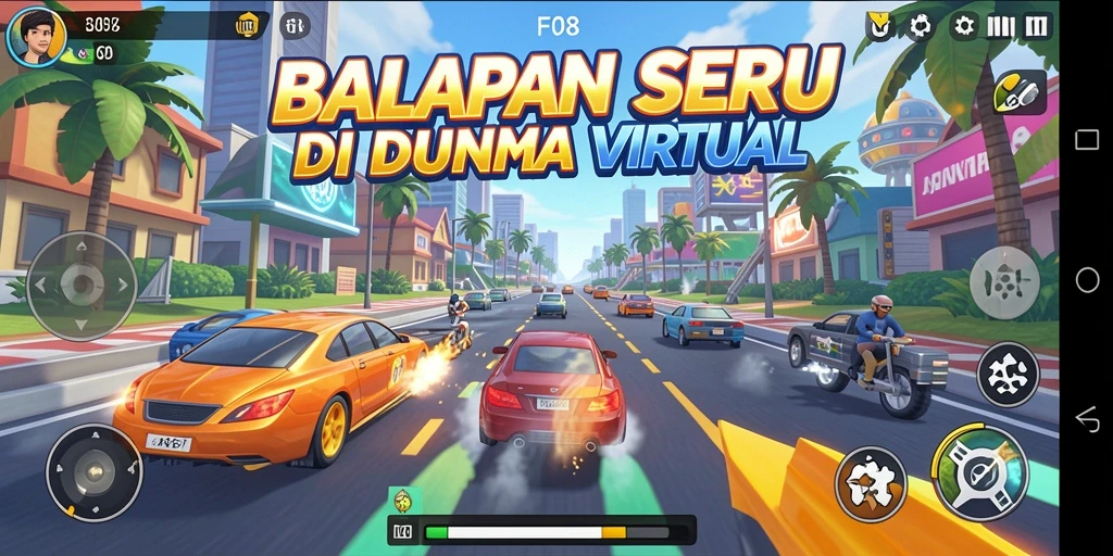 Screenshot F08 menampilkan aksi balapan yang mendebarkan.