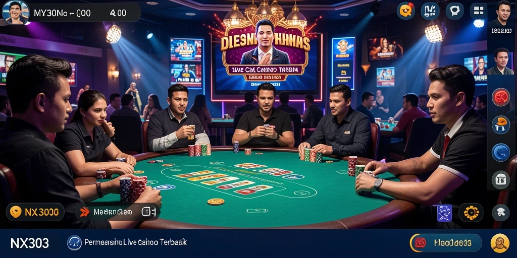 Screenshot gameplay NX303 menampilkan dealer dan pemain dalam suasana Live Casino yang mengasyikkan.