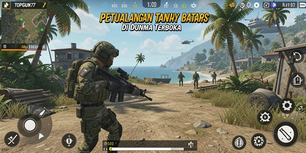 Screenshot gameplay dari TOPGUN77 menampilkan dunia terbuka yang luas.